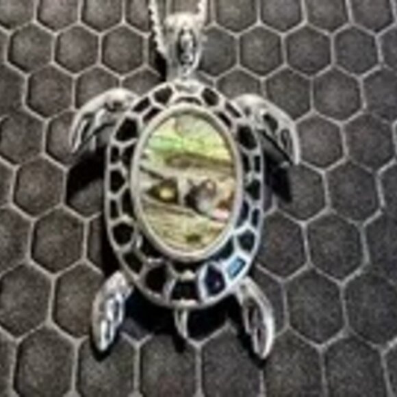 Turtle Necklace with Green Abalone Stones Black Underlay 18K White Gold Plated - Picture 1 of 1